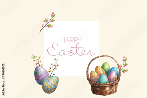 Happy Easter card with birds and eggs – watercolor vector