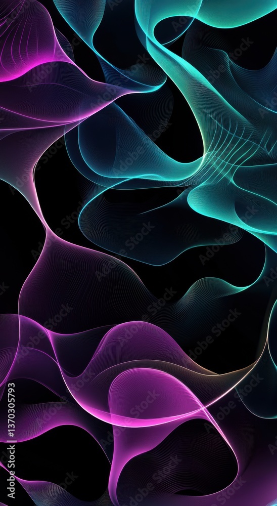 Fototapeta premium Abstract vector background with wavy lines and shapes in blue, purple, and green colors, phone wallpaper
