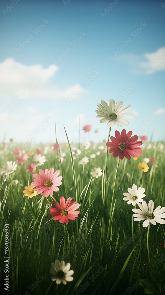 Vibrant and colorful field of flowers stretching across the horizon under a bright blue sky Vibrant and colorful field of flowers stretching across the horizon under a bright blue sky