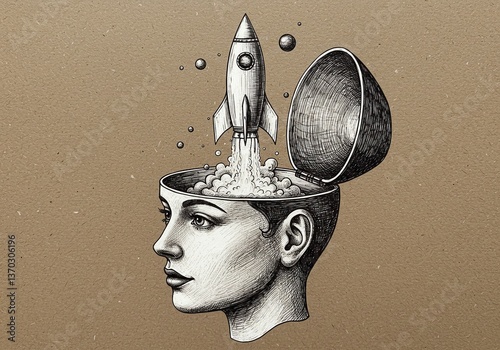 Mind Launch: A rocket blasts off from an open head, symbolizing innovation, creativity, and the power of ideas and imagination.