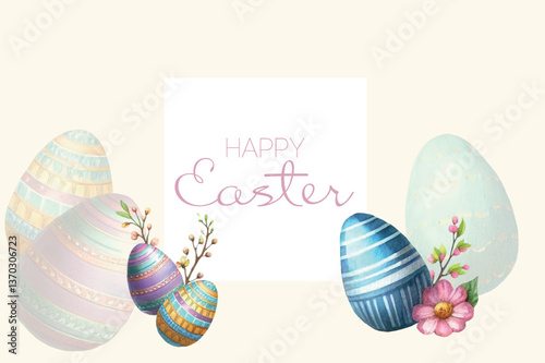 Smiling bunny sitting near Easter egg and spring bouquet