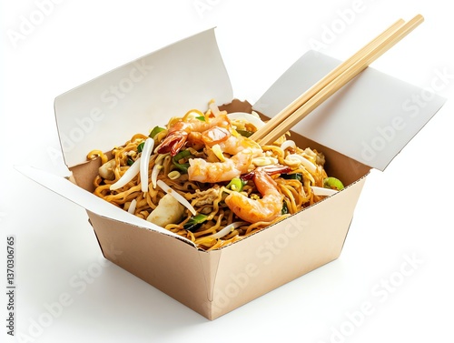 Delicious Shrimp Pad Thai Noodles in Takeout Box with Chopsticks