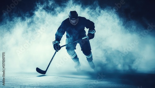 Ice Hockey Player in Blue Mist: Dynamic Action Shot