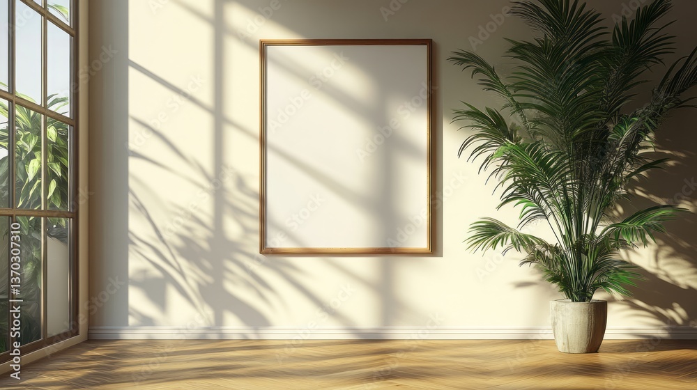 Mockup art frame hanging on wall with large potted plant