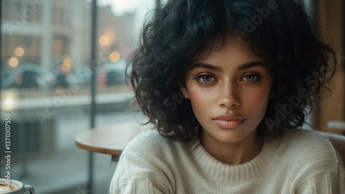 A fashionable young woman with curly hair is in a cozy café. The illustration suits cover art, posters, presentations, and banners. It has a calm, cinematic atmosphere with emotional depth.