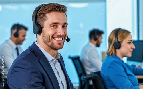 Professional Male Call Center Operator Wearing Headset, Providing Excellent Customer Service in a Modern Office