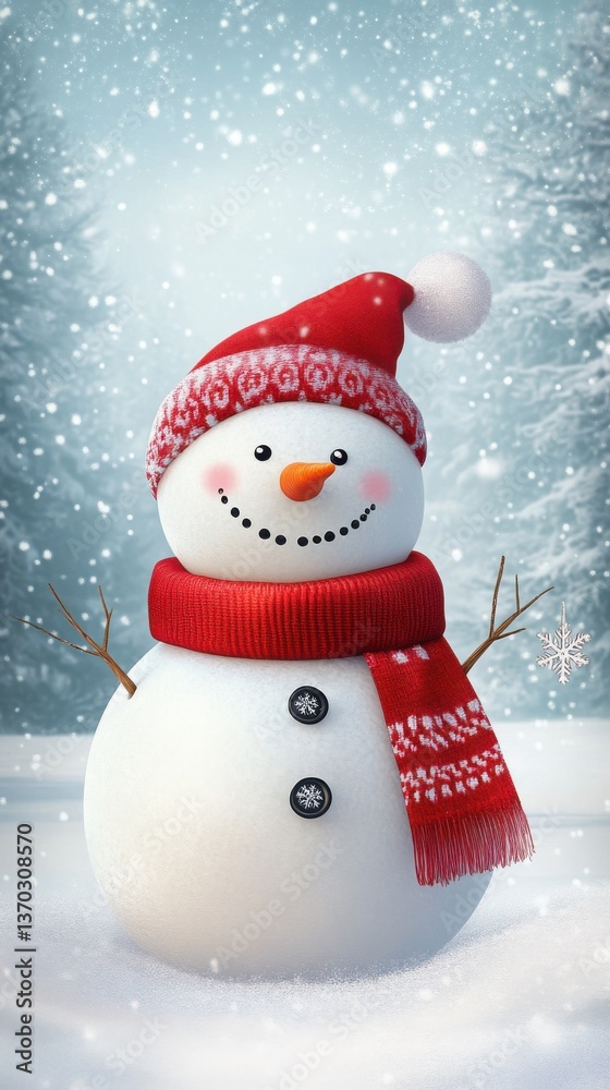 Fototapeta premium A cute snowman, wearing a red scarf, with a happy expression, set against a snowy background, phone wallpaper
