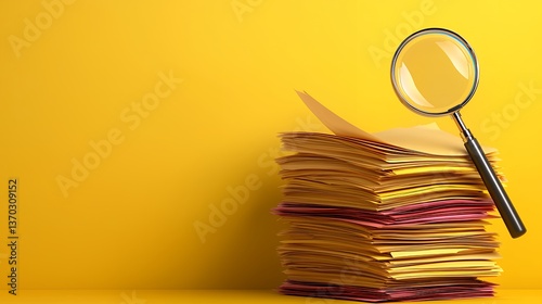 Magnifying Glass Over Stacked Documents on Bright Yellow Background