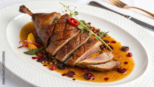 Duck meat on a white plate