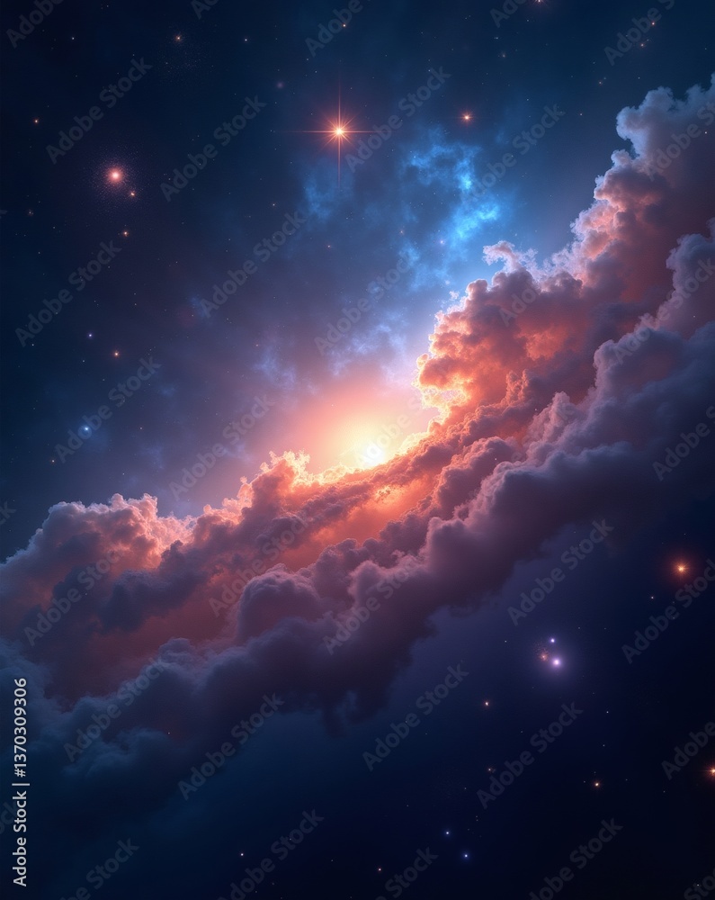 Obraz premium a captivating cosmic scene depicting a luminous nebula amidst a star-studded sky. It showcases a celestial dance of light and color, creating a sense of wonder and vastness