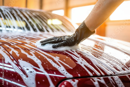 Washing Car Hood at Sunset in Garage photo