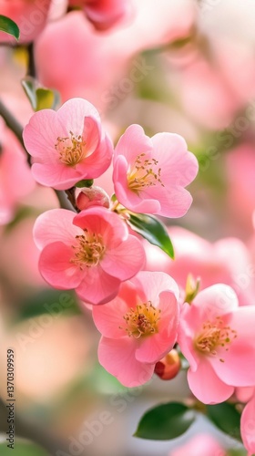 Beautiful pink Japanese medlar flowers in full bloom, close-up of a blossoming plum tree branch, phone wallpaper