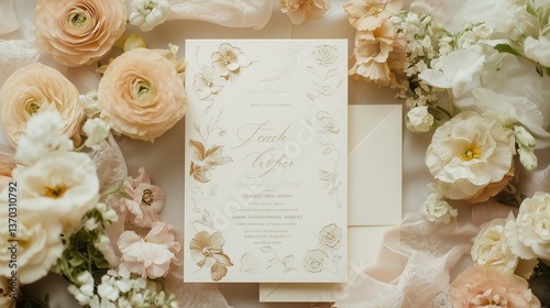 Elegant wedding invitation surrounded by soft pastel flowers  