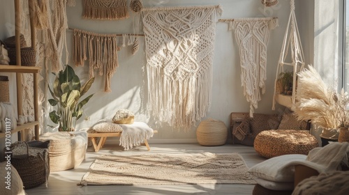 Bohemian-style room with natural light and woven decor