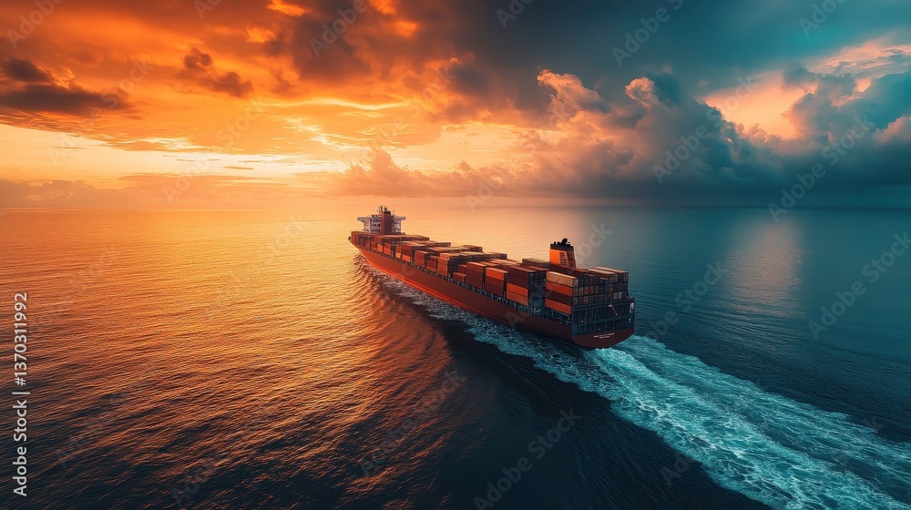 Fototapeta premium A large cargo ship sails through the ocean under a beautiful sunset