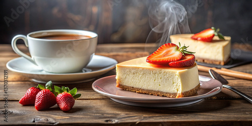 Käsekuchen mit Erdbeere und Kaffeetasse Perfekte Genussmomente