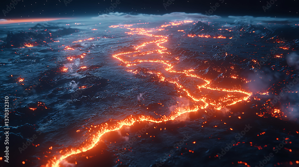 Fiery river of molten lava flowing through a desolate dark landscape with a starry sky above. Fiery river of molten lava flowing through a desolate dark landscape with a starry sky above.