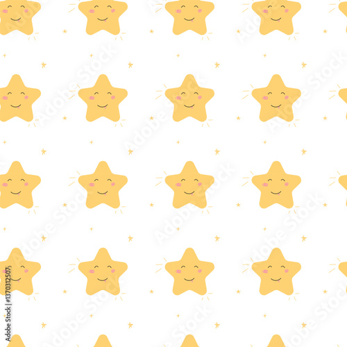 twinkle twinkle little star, Seamless childish pattern with Bright and cheerful yellow stars with smiling faces, doodle