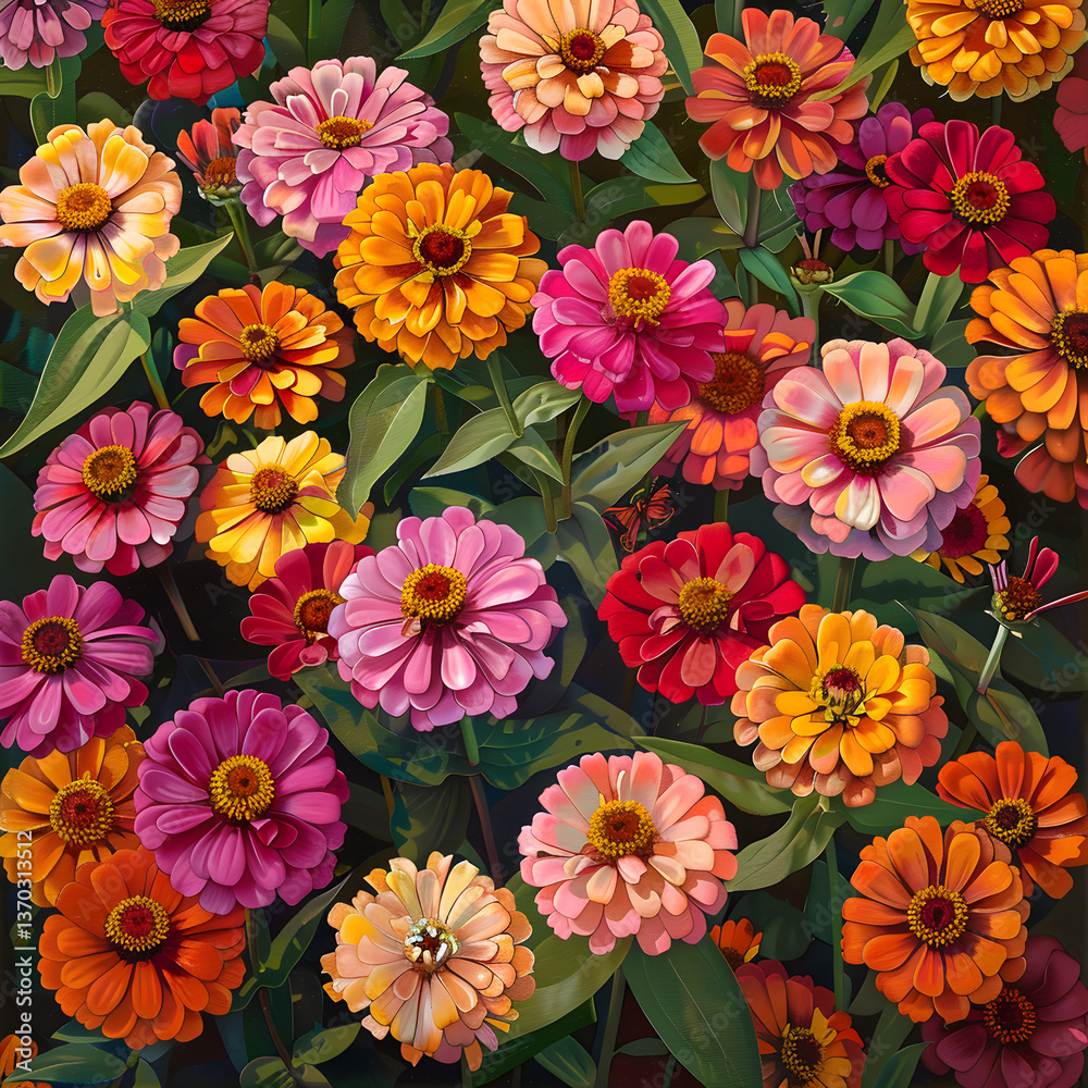 Burst of Colors: Lush and Vibrant Zinnia Flower Garden under the Clear Blue Sky Burst of Colors: Lush and Vibrant Zinnia Flower Garden under the Clear Blue Sky