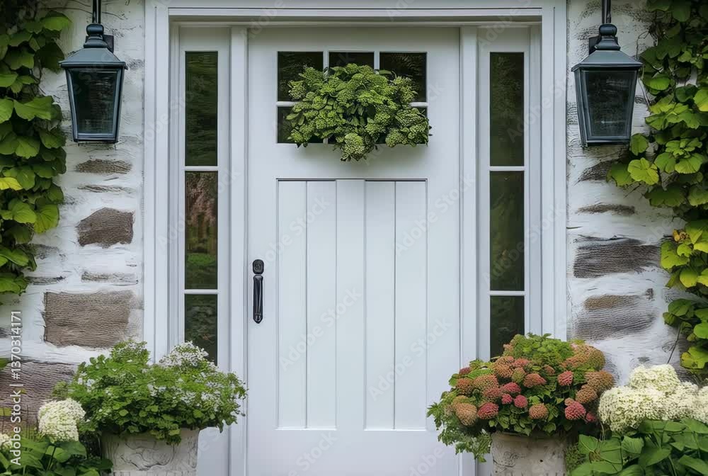 Charming entrance of a home adorned with greenery and blooming flowers in a peaceful neighborhood setting during springtime Charming entrance of a home adorned with greenery and blooming flowers in a peaceful neighborhood setting during springtime