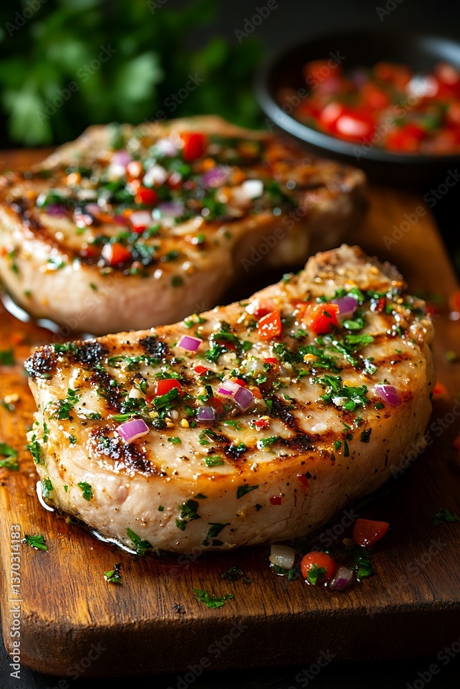 Grilled Pork Chops with Salsa on Wooden Board Grilled Pork Chops with Salsa on Wooden Board