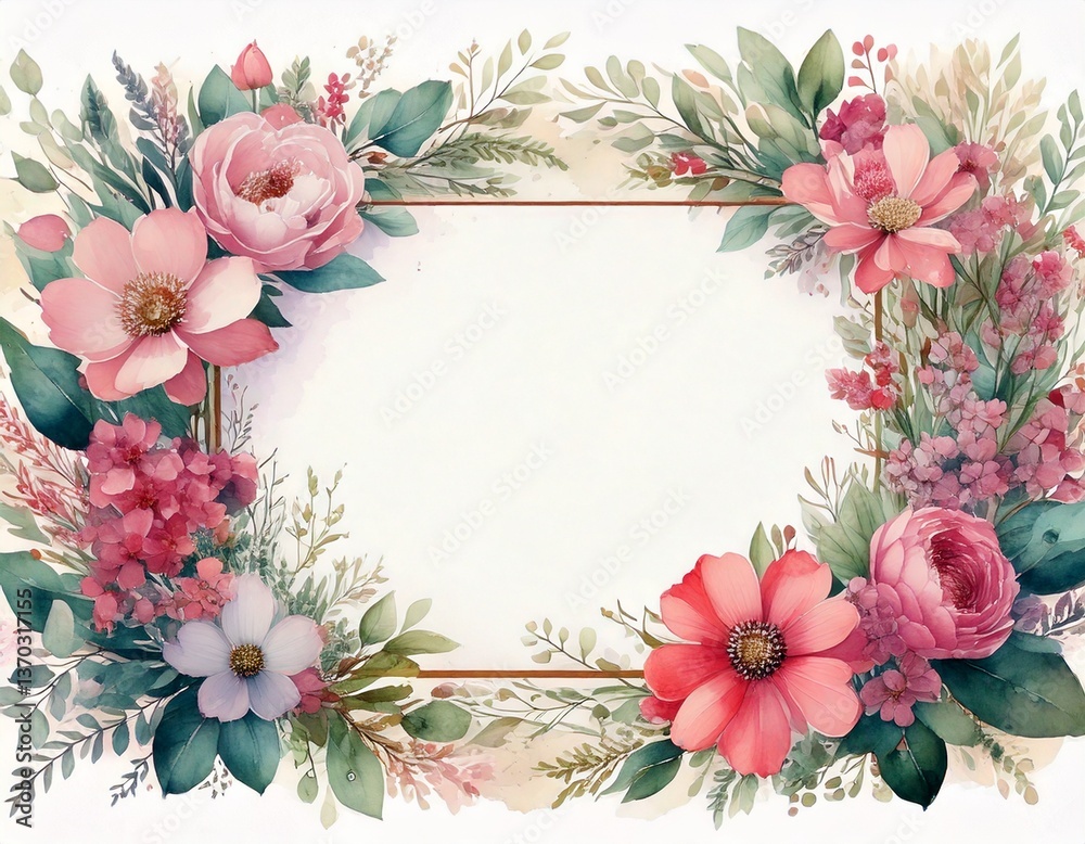 Fototapeta premium Floral watercolor style frame with pink and green flowers and foliage, blank white centre space for text, words quote invitation concept