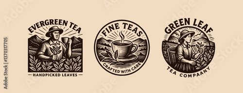 Retro tea farm illustrations with farmers picking and enjoying tea in mountains