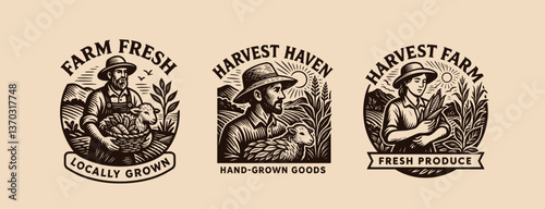 Traditional farm illustrations with farmers harvesting crops and animals