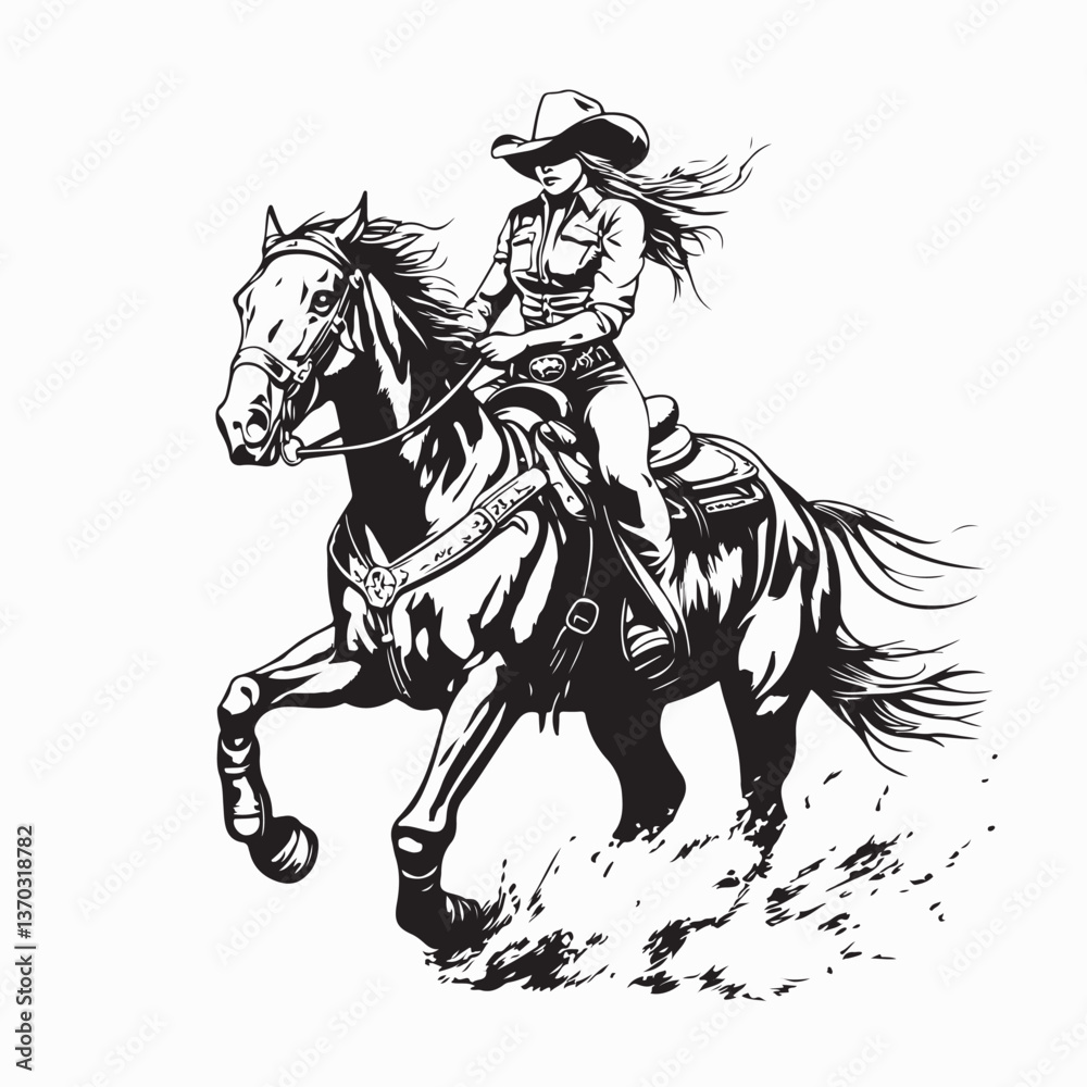 Obraz premium Cowgirl Riding a Horse at a Rodeo Image vector isolated on white background.