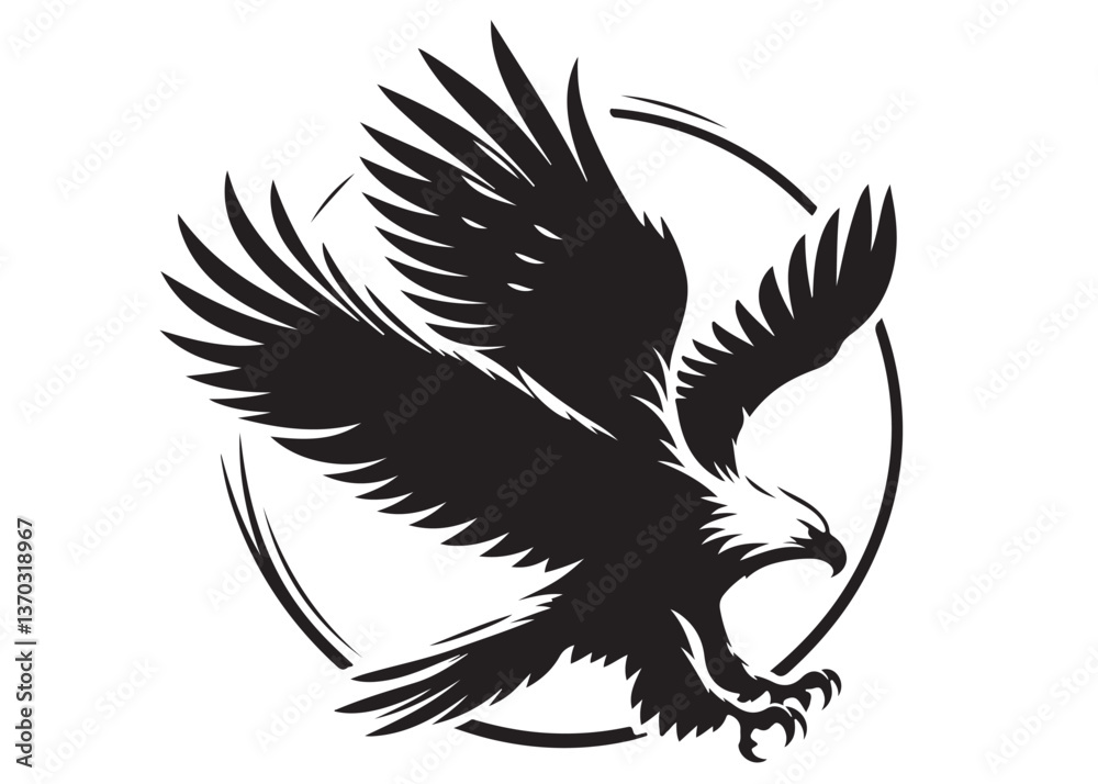 Fototapeta premium eagle flying logo silhouette vector, eagle logo icon silhouette, bald eagle silhouette, black american eagle flying logo silhouette, flying eagle bird silhouette isolated on white background