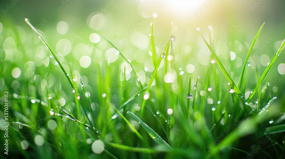 Fototapeta premium Dew Drops on Fresh Green Grass with Sunlight