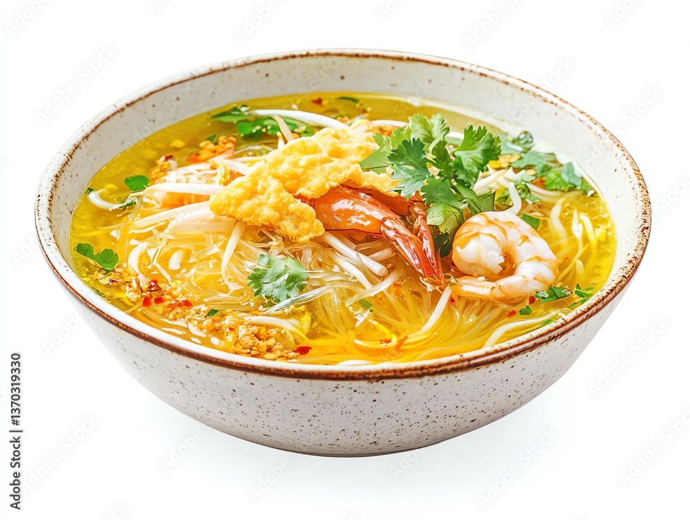 Serving of Shrimp Noodle Soup with Cilantro and Bean Sprouts Serving of Shrimp Noodle Soup with Cilantro and Bean Sprouts