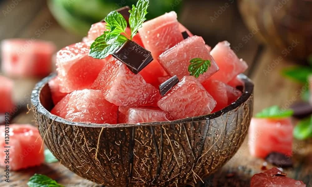 coconut as a container filled with watermelon pieces with chocolate decoration