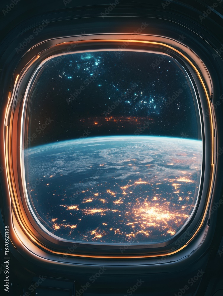 Naklejka premium Experience breathtaking views of a vibrant exoplanet from a futuristic space shuttle window during deep-space tourism