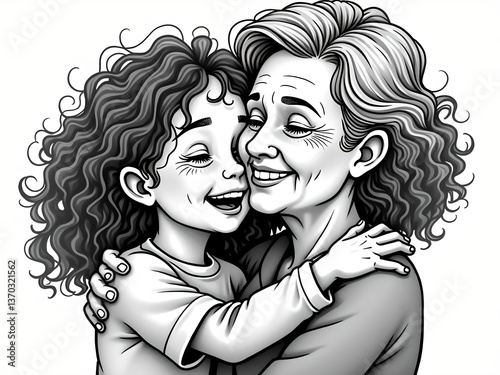 Joyful Grandmother Hugging Young Granddaughter Love Warmth Family Bond Sketch Engraving Vector
 photo