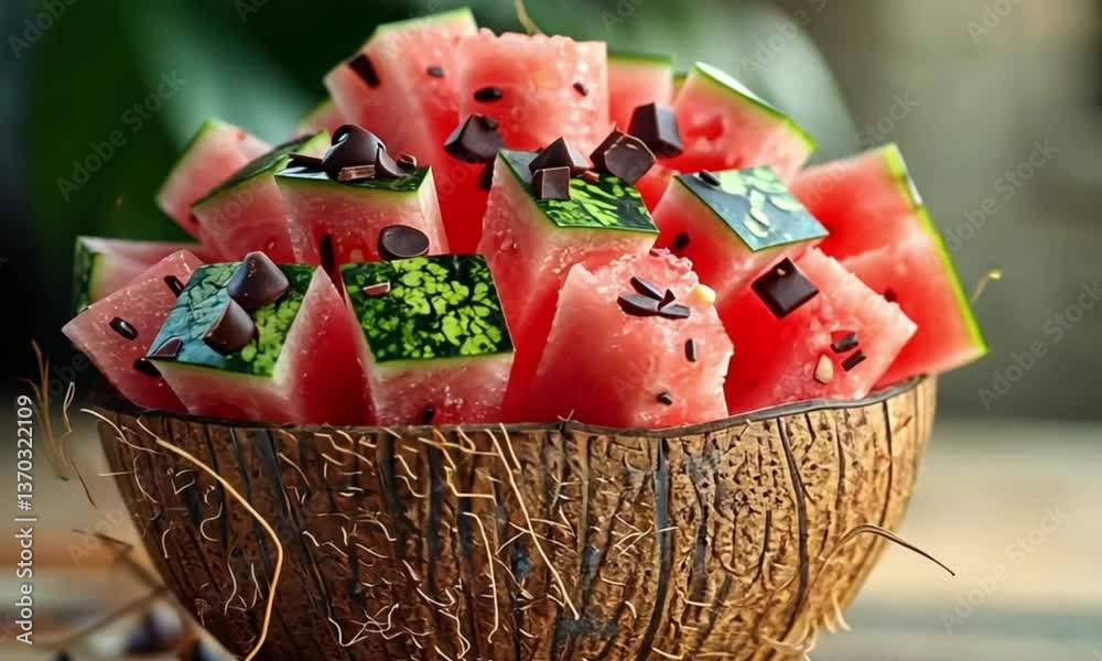 coconut as a container filled with watermelon pieces with chocolate decoration