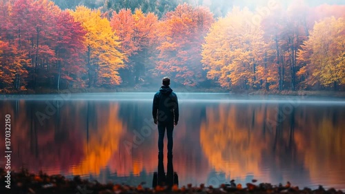 Man standing by autumn lake reflecting colorful trees