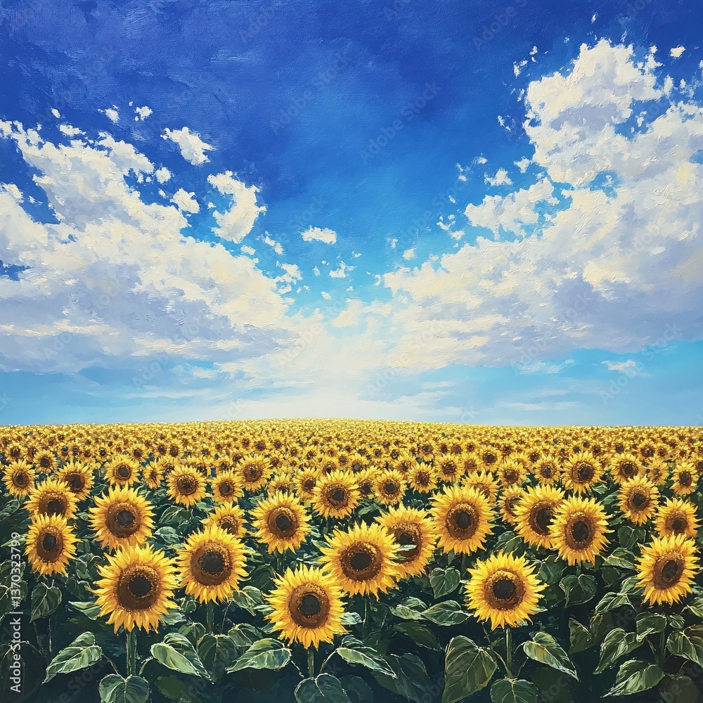 Obraz premium Vibrant sunflower field swaying gently beneath a bright blue sky