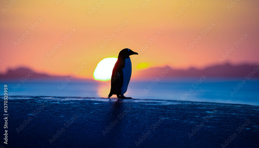Obraz premium Silhouette of a penguin standing at sunset against a colorful horizon by the sea