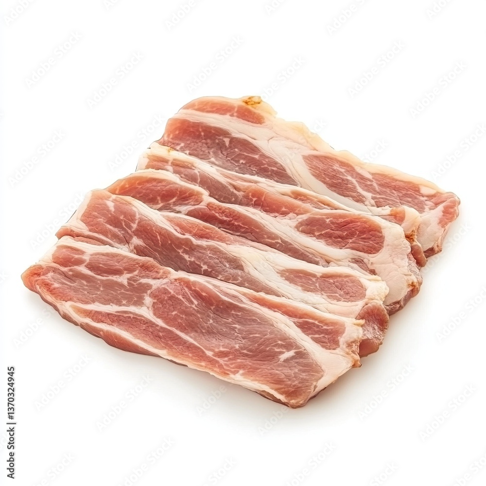 Freshly sliced pork belly arranged neatly on a white surface, ready for cooking or presentation Freshly sliced pork belly arranged neatly on a white surface, ready for cooking or presentation