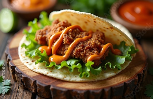 A taco with crispy fried chicken lettuce and chipotle mayo served on a classic Mexican wooden board