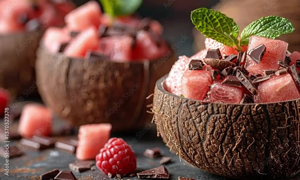 coconut as a container filled with watermelon pieces with chocolate decoration