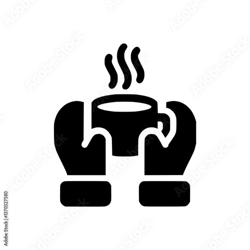Icon of a hand in warm mittens holding a cup of coffee, from which comes steam  