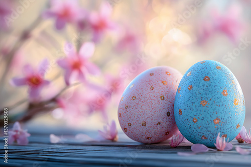 Pastel-colored Easter eggs are joyfully arranged on a wooden surface.