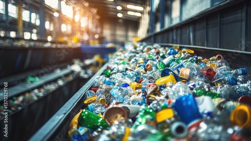 Waste Management and Recycling Facility with heaps of plastic bottles, cups, and containers collected in a sorting mechanism, showcasing environmental sustainability efforts and industry processes