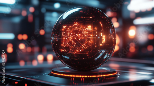 Futuristic spherical dashboard featuring a neural network visualization, with glowing cryptocurrency particles orbiting a 3D globe. The minimalist HUD interface provides a sleek, high-tech display