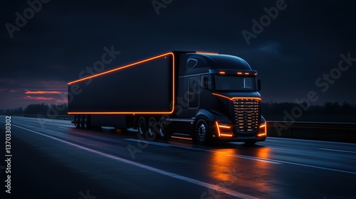 Futuristic illuminated truck on a highway at dusk