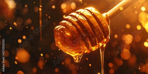 Golden honey cascading gently from a rustic wooden honey dipper