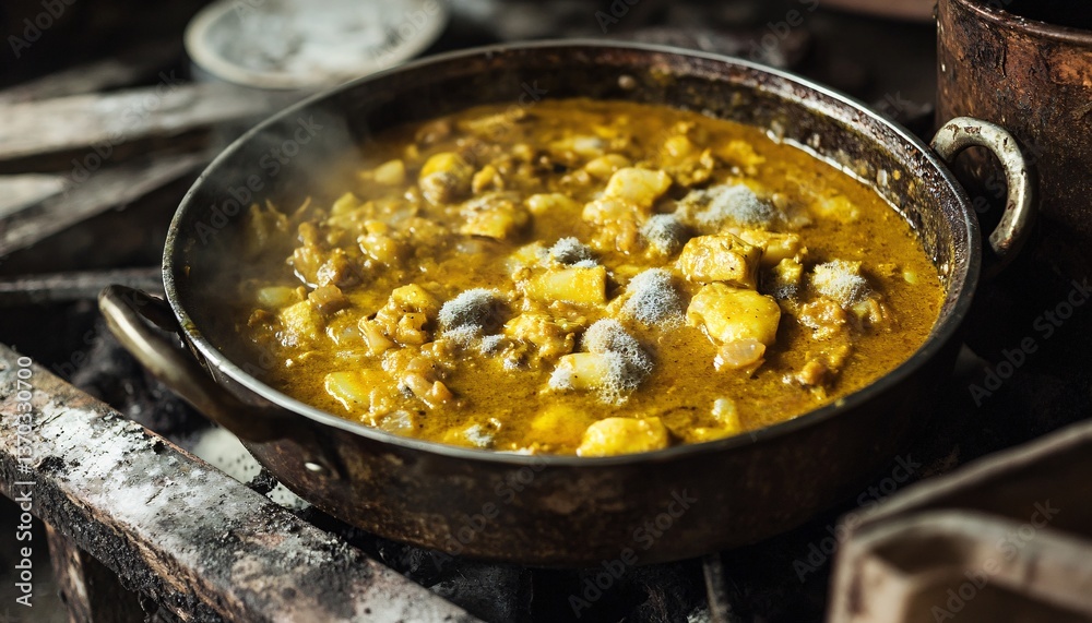 A close-up of a dish of spoiled curry featuring visible mold growth, highlighting the concept of spoiled food and its visual decay. A close-up of a dish of spoiled curry featuring visible mold growth, highlighting the concept of spoiled food and its visual decay.