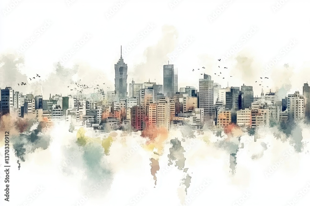 Obraz premium Watercolor Cityscape Urban Skyline Panorama.